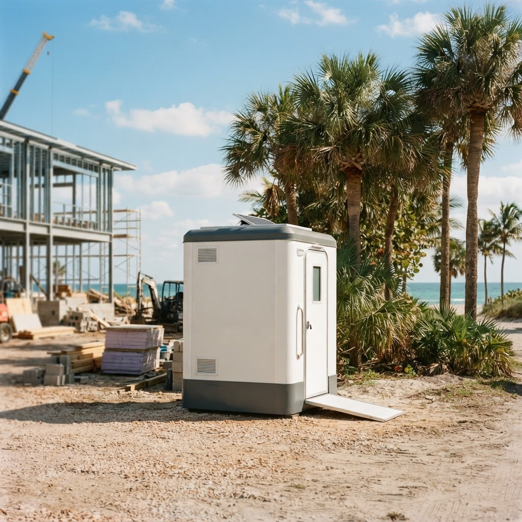 Clean portable restroom ready for a Palm Coast job site